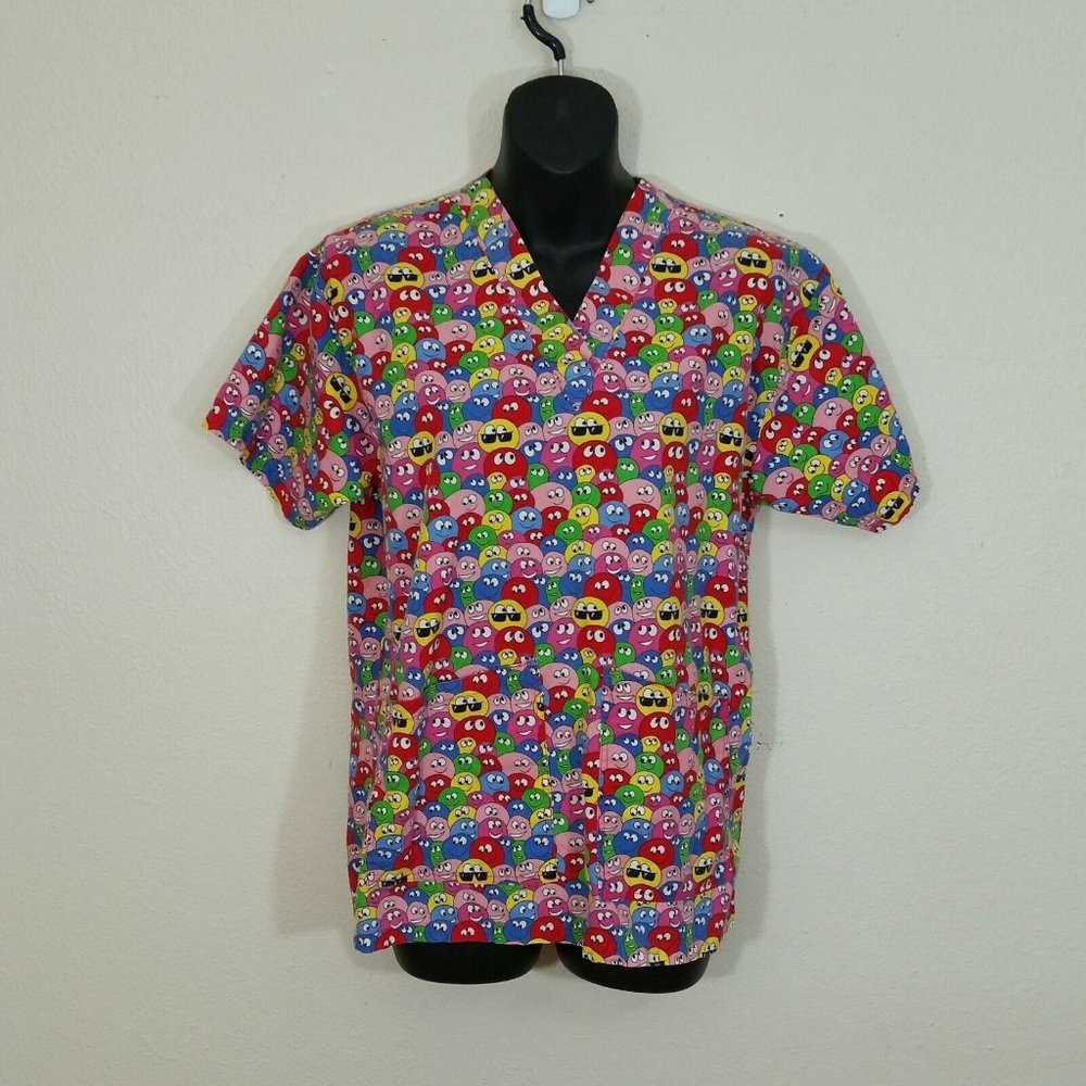 Trend Women's Scrub Top Smiling Faces Small Red Yellow Blue Green Pink